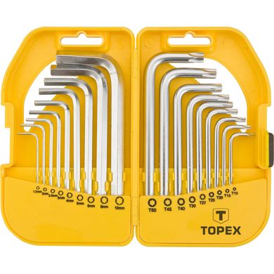 Ключі шестигранні та Torx TOPEX, набір 18 од., 1.5-10 мм, T10-T50, короткі