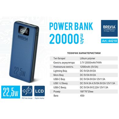 Повербанк Brevia 20000mAh 22,5W Li-Pol, LCD