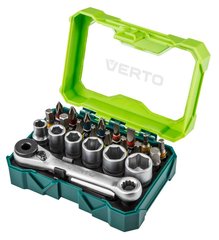 Набір біт Verto, 24 од., ключ з тріскачкою 1/4", 15 біт 25мм, 6 торцевих головок, кейс