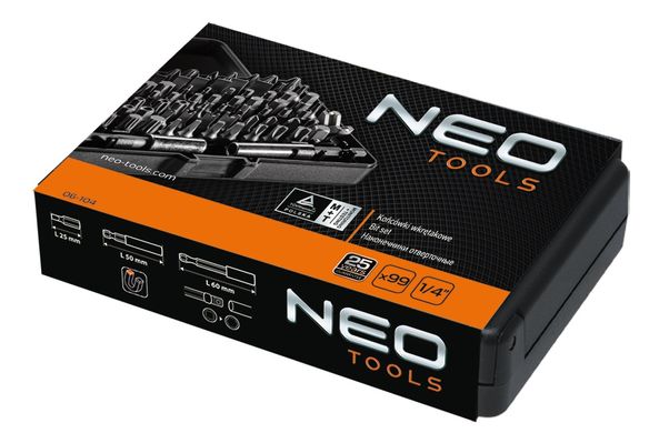 Набір біт Neo Tools, 99 од., 1/4", два тримачі, 95 біт 25мм, сталь S2, кейс