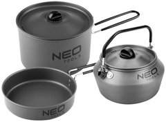 Набор туристической посуды Neo Tools, 3в1, чайник, кастрюля, сковорода, складные ручки, сертификат LFGB, 0.616кг