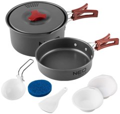 Набір посуду туристичного Neo Tools, 7в1, каструля, сковорода, 2 тарілки, половник, лопатка, губка, сертифікат LFGB, 0.42кг