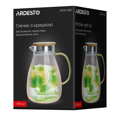 Кувшин с крышкой Ardesto, 1480мл, боросиликатное стекло, нержавеющая сталь, бамбук, прозрачный