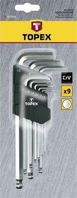 Ключи шестигранные TOPEX, набор 9 ед., 1.5-10 мм, шаровидный наконечник, длинные