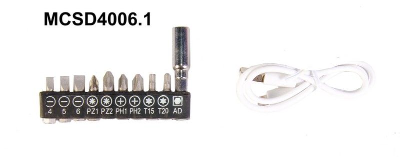 Отвертка аккумуляторная поворотная MPT 4 В Li-ion 1.5 Ач 250 об/мин 3.5 Нм реверс USB аксесуары 10 шт MCSD4006.1