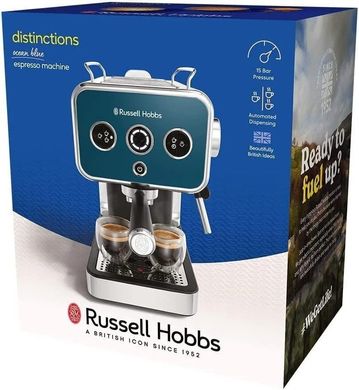 Кофеварка Russell Hobbs рожковая Distinctions Ocean, 1,1л, молотая + чалды, сине-серебристый