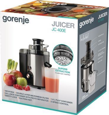 Соковыжималка Gorenje отцентрированная 400Вт, чаша-0.6л, жмых-1.6л, желоб на целое яблоко, пластик/металл, черный