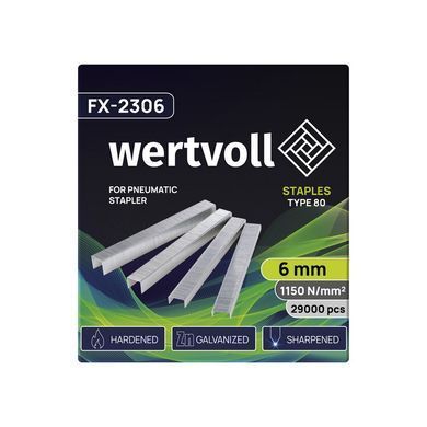 Скобы закаленные для пневмостеплера WERTVOLL тип 80 6 мм/12.8х0.95 мм 29000 шт FX-2306