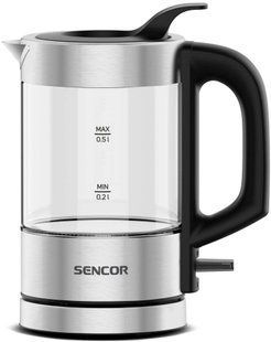 Електрочайник Sencor 0.5л, Strix, пластик, в комплекті 2 склянки + 2 ложки, скло, нерж. сталь