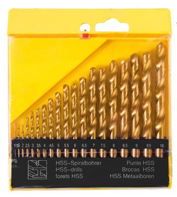 Набор сверл для металла MASTERTOOL 19 шт HSS (1-10 мм шаг 0.5 мм) в пластиковой коробке титан 11-0219