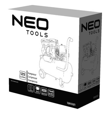 Компресор Neo Tools, безмасляний, 2-х поршневий, 230В, 24л, 8 Бар, 125л/хв, 800Вт, IP20