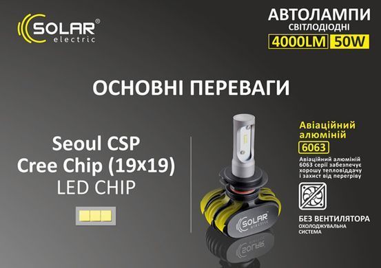 Автолампа LED Solar H7 12/24V 6000K 4000Lm 50W Seoul CSP 19x19