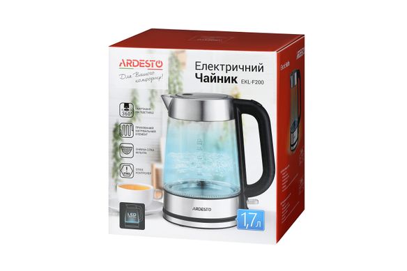 Электрочайник Ardesto EKL-F200, 1,7л, стекло, STRIX, серебристо-черный