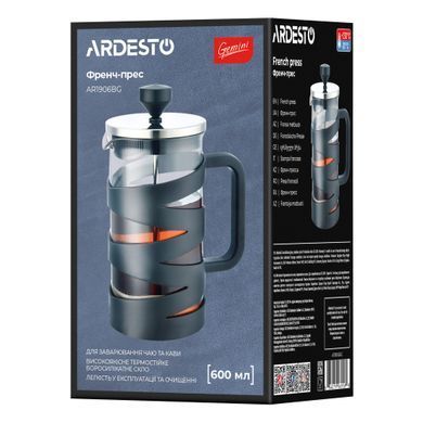 Френч-пресс Ardesto Gemini, 600мл, боросиликатное стекло, пластик, нержавеющая сталь, прозрачный, черный