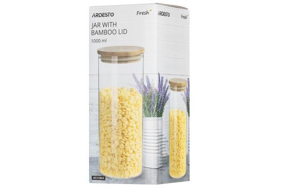 Банка для зберігання Ardesto Midori, 1000мл, скло, бамбук, кругла, прозорий