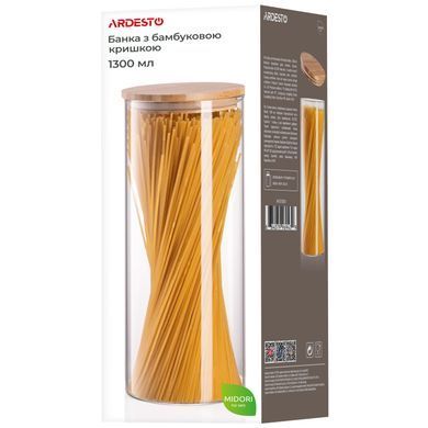 Банка для хранения Ardesto Midori, 1300мл, стекло, бамбук, круглый, прозрачный