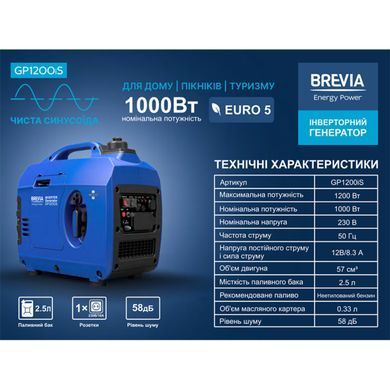 Генератор Brevia инверторный бензиновый 1,2 кВт (ном 1,0 кВт)