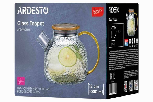 Заварник Ardesto Gemini Dew 1000мл, боросиликатное стекло, бамбук, прозрачный