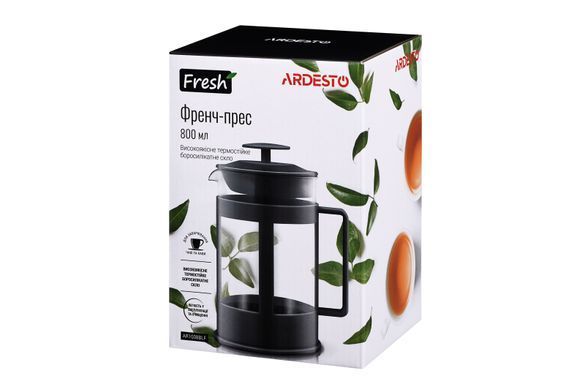 Френч-пресс Ardesto Fresh, 800мл, боросиликатное стекло, пластик, прозрачный, черный