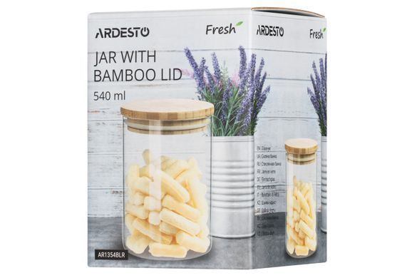 Банка для зберігання Ardesto Midori, 540мл, скло, бамбук, кругла, прозорий