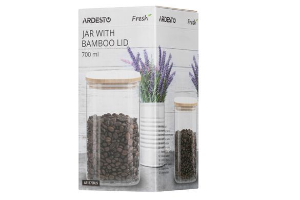 Банка для зберігання Ardesto Midori, 700мл, скло, бамбук, квадратна, прозорий