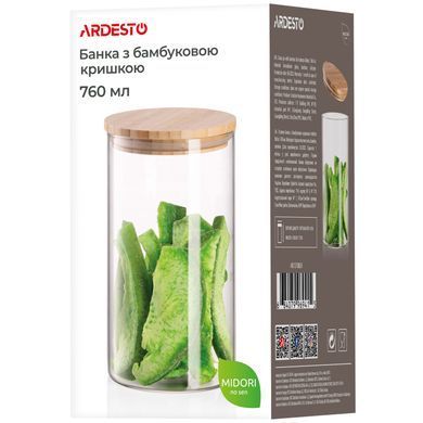 Банка для хранения Ardesto Midori, 760мл, стекло, бамбук, круглый, прозрачный
