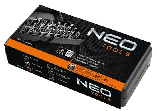 Набор битов Neo Tools, 31 ед., 1/4", держатель, 30 бит 25мм, сталь S2, кейс