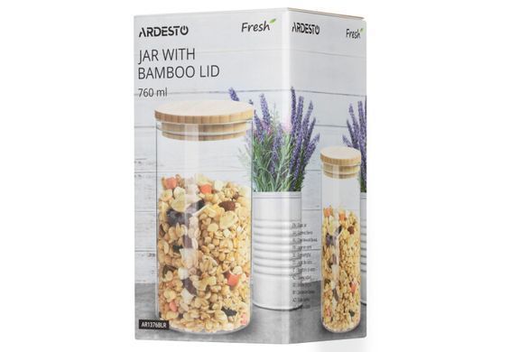 Банка для хранения Ardesto Midori, 760мл, стекло, бамбук, круглый, прозрачный