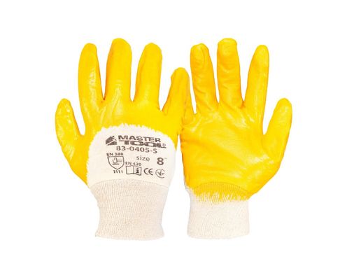 Перчатки хлопковые трикотажные MASTERTOOL нитриловое покрытие 3/4 вязаный манжет 8" оранжевые 83-0405-S