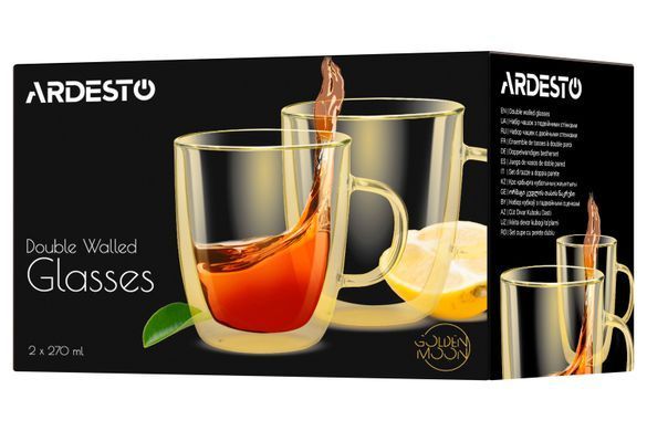 Набір чашок з ручками Ardesto Golden Moon з подвійними стінками, 270 мл, H 10 см, 2 од., боросилікатне скло