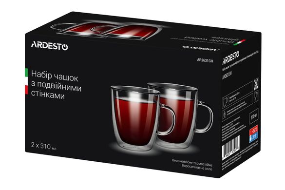 Набір чашок з ручками Ardesto з подвійними стінками, 310 мл, H 10,2 см, 2 од., боросилікатне скло