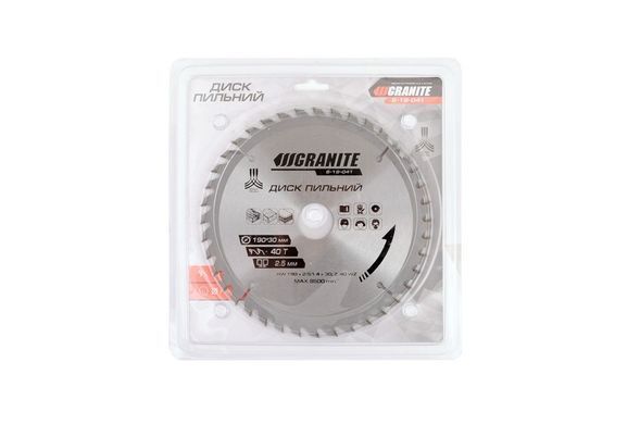 Диск пильный GRANITE для дерева с твердосплавными напайками 190х30х40Т 8500 об/мин 5-19-041