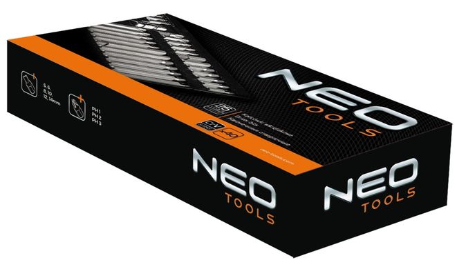 Набор битов Neo Tools, 40 ед., два переходника 1/2" и 3/8", 19 бит 70мм, 19 бит 30мм, сталь S2, кейс