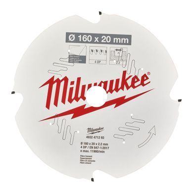 Диск пиляльний по фіброцементу PFTE MILWAUKEE, діаметр 160х20х2,2мм, 4 зуб.