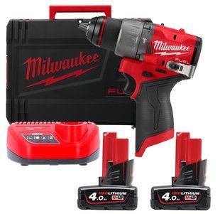Дрель-шуруповерт с ударом аккумуляторная бесщеточная MILWAUKEE, M12 FPD2-402X, 45Нм (зарядное устройство С12 С, 2 аккумулятора М12 В4 4Ач, HDкейс)