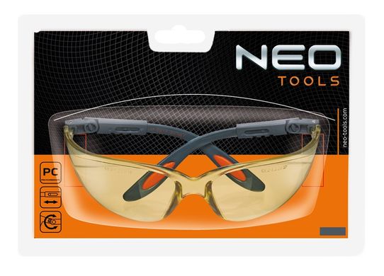 Очки защитные Neo Tools противоосколочные, нейлоновые скобки, регулировка длины и угла душек, стойкие к царапинам, желтый