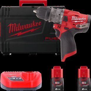 Дрель-шуруповерт с ударом аккумуляторная бесщеточная MILWAUKEE, M12 FPDX-202X, 37Нм (зарядное устройство С12 С, 2 аккумулятора М12 В2 2Ач, клипса для ремня, HDкейс)
