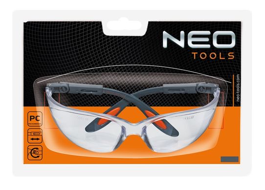 Очки защитные Neo Tools противоосколочные, нейлоновые скобки, регулировка длины и угла душек, стойкие к царапинам, прозрачный