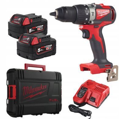 Дрель-шуруповерт с ударом аккумуляторная бесщеточная MILWAUKEE, M18 BLPD2-502X (зарядное устройство М12-18 FС, 2 аккумулятора М18 В5 5Ач, боковая рукоять, клипса для ремня, HDкейс)