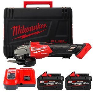 Шлифмашина угловая - болгарка аккумуляторная бесщеточная MILWAUKEE, M18 FHSAG125XB2-802X, 1800Вт диаметр 125мм (зарядное устройство M12-18 FC, 2 аккумулятора М18 FB8 8 Ач, антиубрационная, прижимная гайка, пылезащита