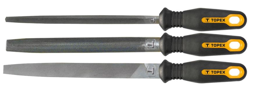 Напильники по металлу TOPEX, набор 3 ед. (06A722, 06A725, 06A721), держатель двухкомпонентный, 200 мм