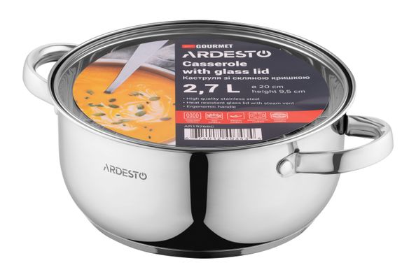 Каструля Ardesto Gemini Gourmet Aosta, скляна кришка, 2.7 л, нержавіюча сталь