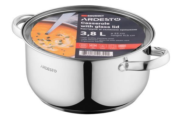 Кастрюля со стеклянной крышкой Ardesto Gemini Gourmet Aosta, 3.8л, нержавеющая сталь