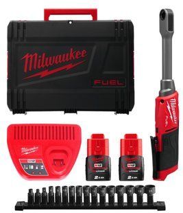 Гайковерт-трещотка угловой аккумуляторный Hex 14.4мм MILWAUKEE, M12 FPTR-202X, 81Нм (зарядное устройство, 2 акум. Х 2Ач, сквозные головки: от 8 до 21 мм, адаптеры, держатель шестигранных насадок, HDке