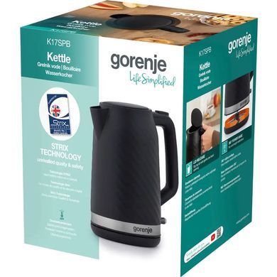 Електрочайник Gorenje 1.7л, Strix контроль, чорний матовий